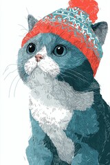 Cute cat wearing a colorful knitted hat looks curiously into the distance