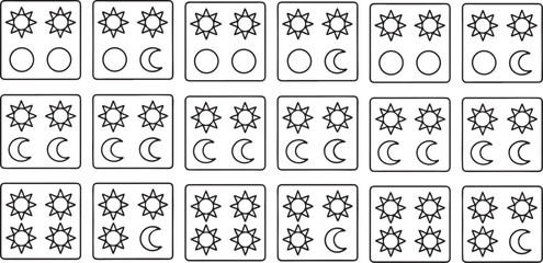 Isolated black sun and moon icons, minimalist celestial symbol set in flat 3x4 grid layout, includes multiple moon phases, radiant sun shapes, simple line art, repeating decorative patterns for cosmic