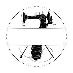 Symbol for sewing in a circle, sewing machine and needle with thread