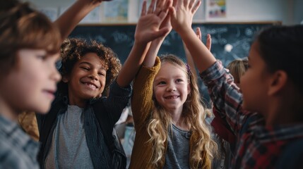 happy diverse multiethnic kids junior school students group giving high five together in classroom excited children celebrating achievements teamwork diversity and friendship with highfive concept no