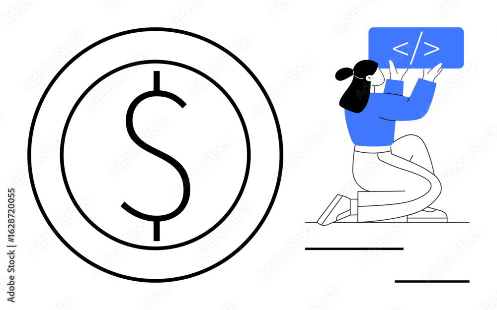 Poster large dollar symbol paired with a developer holding a coding panel. highlights technology, finance, 