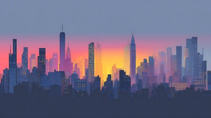 Fototapeta premium City Skyline at Sunset. Silhouette of skyscrapers during dusk. Great for backgrounds, editorial, and marketing materials.