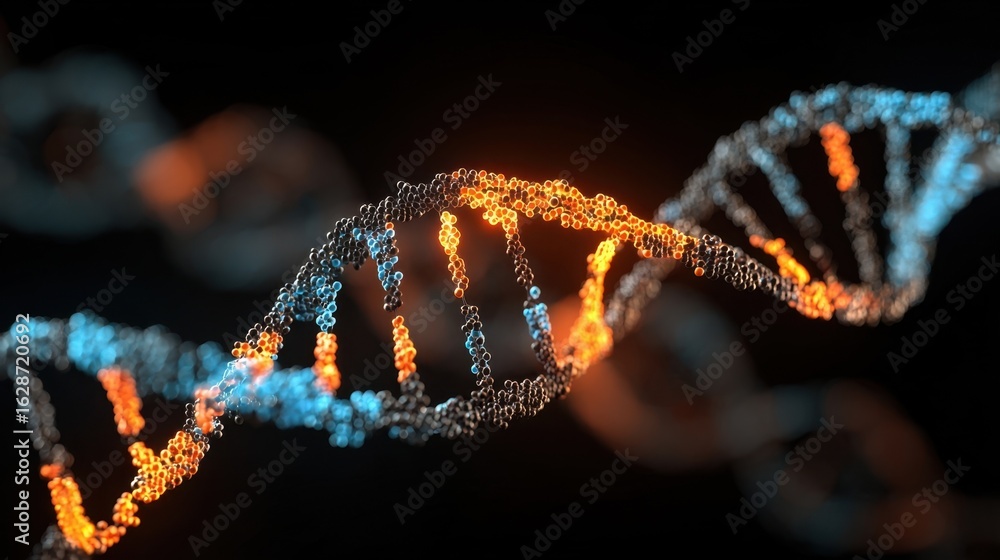 Poster 3d rendered dna strand with distinct glowing patches representing unstable cgg repeat expansions at 