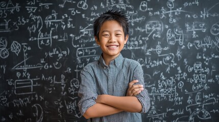 happy cheerful proud confident smiling cute asian schoolboy with arms crossed standing posing in classroom on chalkboard blackboard with formulas background elementary preteen school kid portrait no 