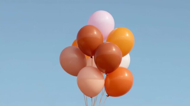 Colorful balloons float against clear blue sky, creating joyful atmosphere