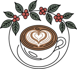 Enjoy a beautifully crafted latte art coffee with fresh coffee berries, a perfect blend of taste and visual delight for cafe lovers.