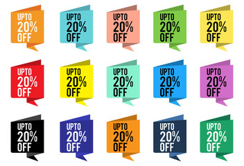 up to 20% off colorful banner set, discount promotion tags collection, vibrant sale offer stickers pack, limited time deal vector graphics