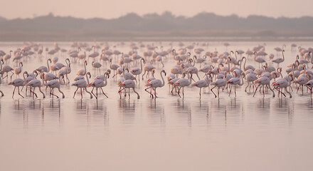 Fototapeta premium Capture a flock of flamingos feeding in shallow waters, heads bent down, creating reflections. Use soft morning or evening light for pastel tones.