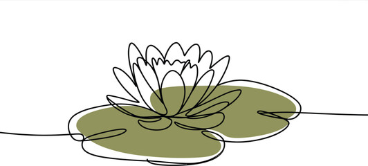 Elegant single line drawing of a serene water lily blooming gracefully on lily pads, evoking tranquility and natural beauty.