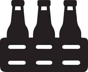Isolated black beer crate icon, wooden container with visible beer bottles and carry handle, flat minimal design representing Oktoberfest, bar, party, brewery storage or beverage packaging themes