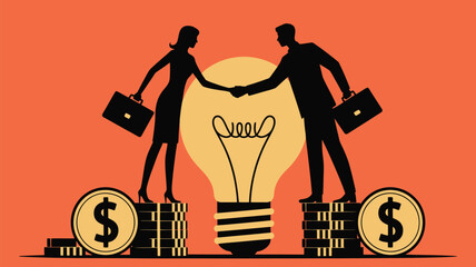 Confident business partners shake hands over stacks of money symbolizing successful financial deal and innovative idea generation