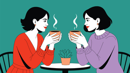 Two stylish women sharing a warm drink and conversation at a cozy cafe, fostering connection and relaxation.