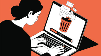 Focused woman organizes digital life deleting emails from laptop screen, efficiency concept