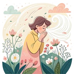 Woman in Yellow Shirt Sneezing into Hands Amongst Flowers and Clouds Outdoors