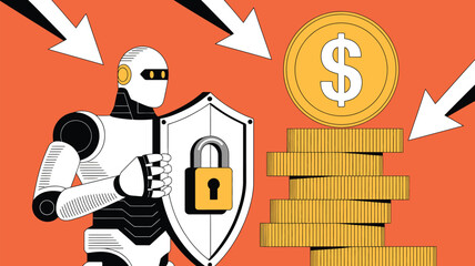 Robot guard protecting stacked coins with secure padlock shield as arrows point down signifying financial risk