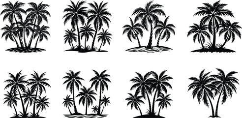 Vector illustration of palm tree silhouettes set against a tropical summer beach sunset