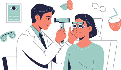 Skilled optometrist examines patient's eyes with modern equipment for vision health and clarity check
