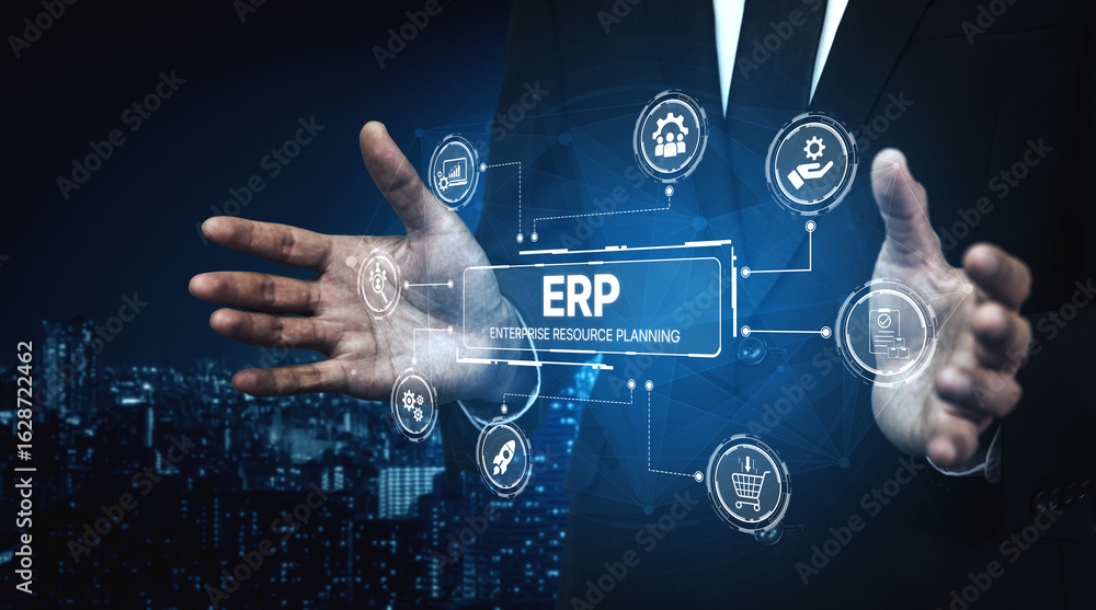 Aufkleber erp platform visual showing centralized system for enterprise resource planning, improving integrati