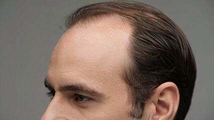 Fototapeta premium middle aged man looking at his bald head in the mirror, man's bald head