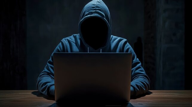 Anonymous hooded figure using laptop in dim room. - Powered by Adobe