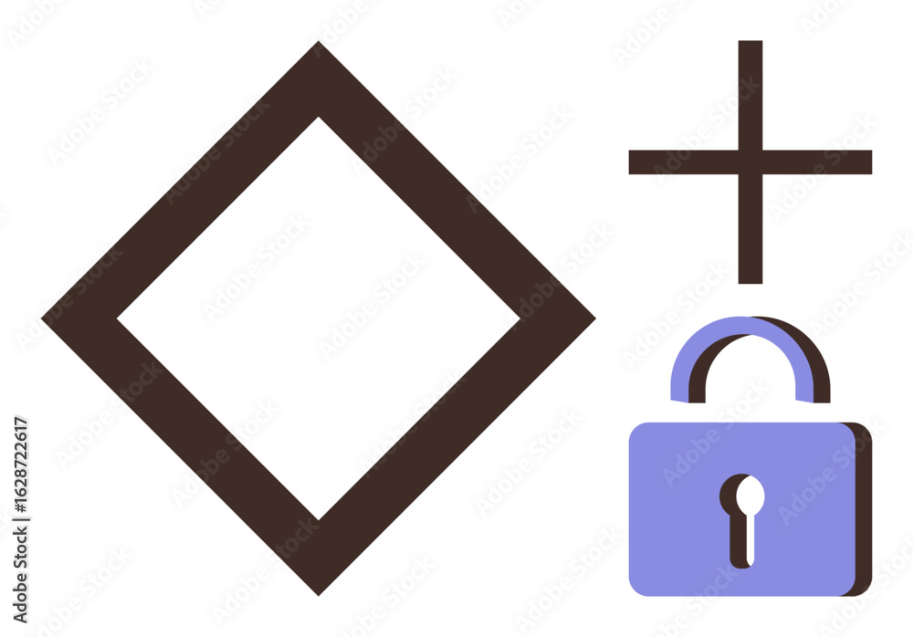 Poster diamond shape, plus sign, and open padlock combining abstract geometry and security concept. ideal f