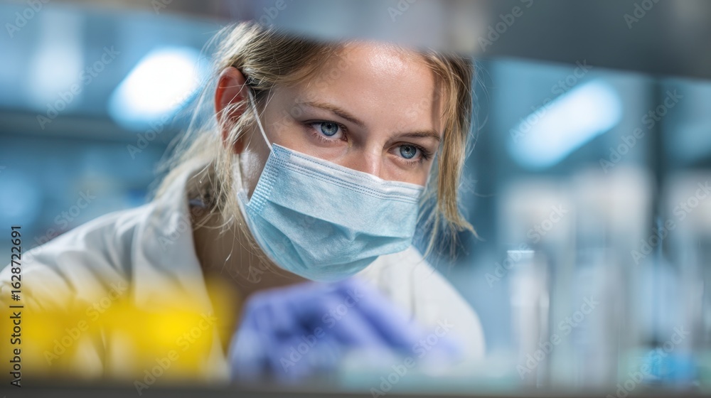 Poster innovative biomedical engineer evaluates sensor feedback during prototype trials in a sterile resear