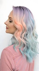 Side View of Woman with Pastel Hair and Pink Shirt Against White Background