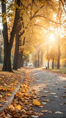 Pathway through Park in Autumn Sunlight with Yellow Maple Leaves