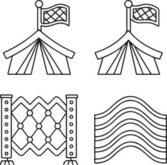Isolated black festival tent icon, flat design with flag at top and wave-pattern fabric, traditional Oktoberfest pavilion symbol for fair, beer garden, music or large cultural celebration illustration