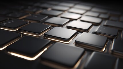 Dark keyboard closeup shines. Buttons gleam. Useful for tech marketing, web design. Concept: Innovation, technology, digital, future.