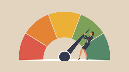Determined businesswoman pushes gauge needle towards optimal performance, symbolizing success and high achievement.