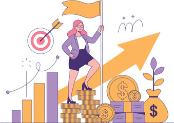 Confident businesswoman plants flag on success summit with rising profits and targets hit, symbolizing financial growth.
