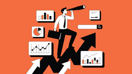Visionary businessman with spyglass navigates rising trends and data charts for successful future growth.
