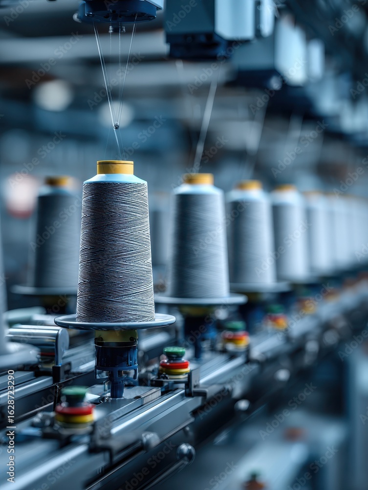Poster industrial thread spools on factory machine line showing textile production and automated manufactur