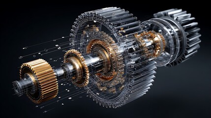 Exploded gear assembly rotates against black background. Illustrates engineering, mechanics, design. Ideal for tech, marketing, editorial uses.