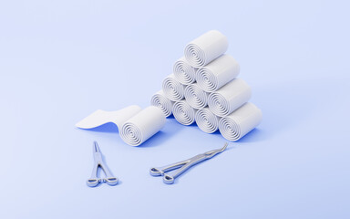 Scalpel, scissor, gauze and so on surgical tools, 3d rendering.