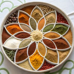 Assortment of colorful spices arranged in flower shape using divided serving dish
