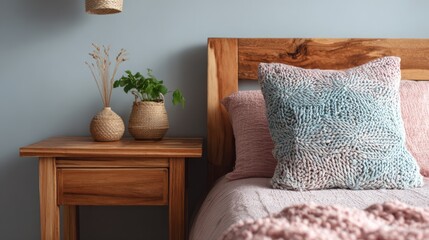 wooden bedside table and blue handmade pillow next to bed with pink overlay in stylish apartment with simple bedroom decor no logos no brands ar 169