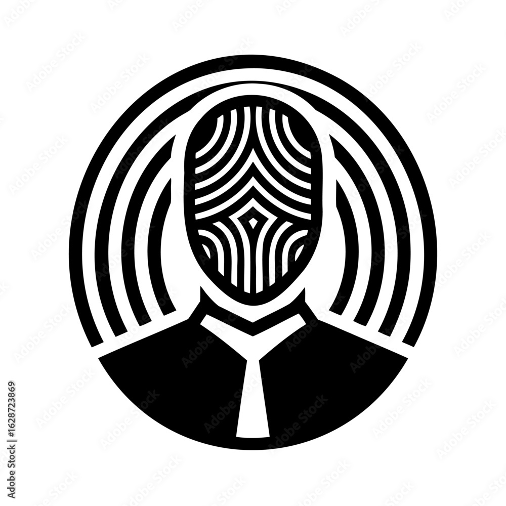 Aufkleber striking graphic depicts abstract human head with concentric circles and geometric patterns in black