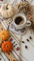 Coffee cup with pumpkins and dried flowers on white table for Autumn season