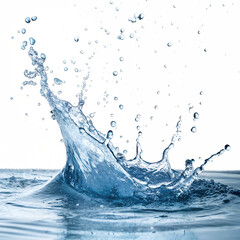 Dynamic blue water splash with droplets, isolated on transparent background