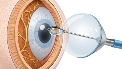 Artificial intraocular lens implant — replacing natural cloudy lens with synthetic crystal-clear implant, secured in capsule