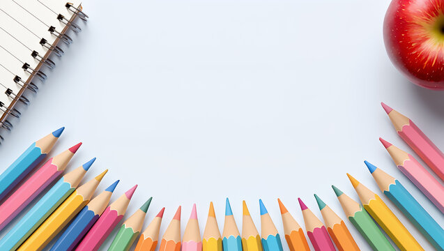 Colorful school supplies with a red apple arranged on a blank white background from a top view, for education, learning, and creativity concepts with ample copy space. - Powered by Adobe