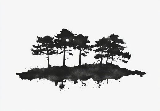 The traditional art of oriental ink painting, encompassing styles like sumi-e, u-sin, and go-hua, is exemplified in a composition featuring black ink wash misty forest trees on a white background,