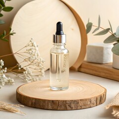 Serum bottle on wooden stand for skincare routine