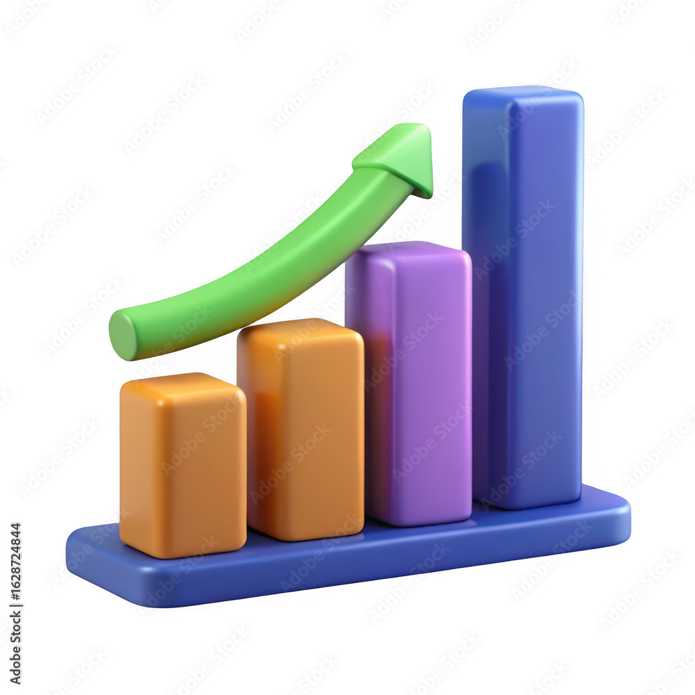 Poster colorful 3d bar chart with upward arrow isolated on transparent background