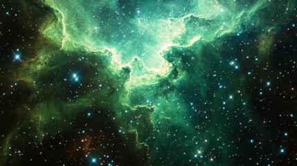 A high-resolution green nebula with sparkling stars 