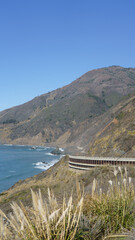 Obraz premium A scenic view of the Pacific Coast Highway winding along the rugged cliffs of Big Sur, with the blue Pacific Ocean below and wild grasses in the foreground.