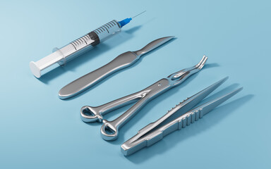Scalpel, hemostatic forceps and so on surgical tools, 3d rendering.