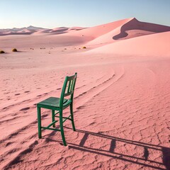 Green Chair in Surreal Pink Desert Landscape Under Clear Blue Sky